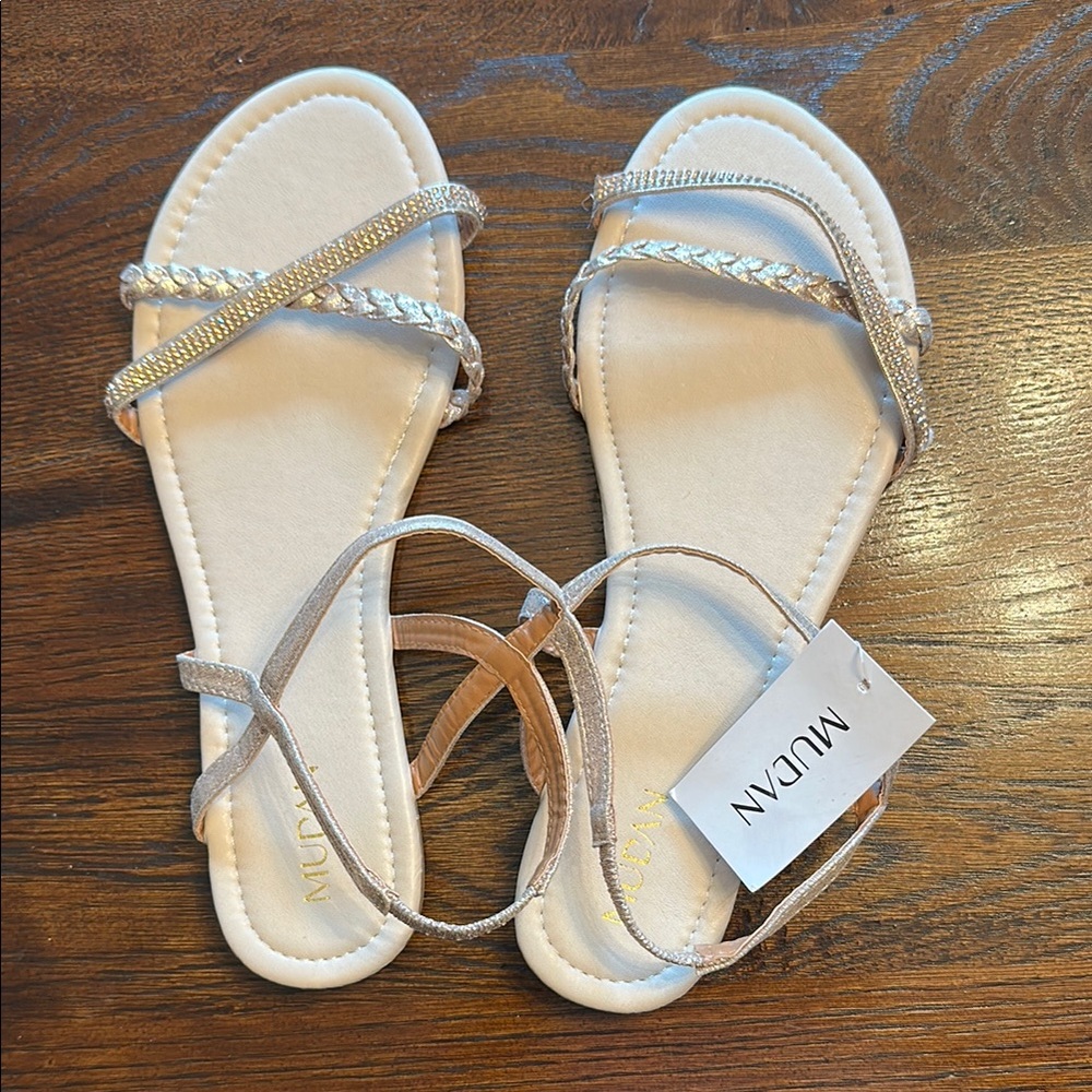 Silver Sandals with Crisscross Straps and Adjustable Ankle Buckle